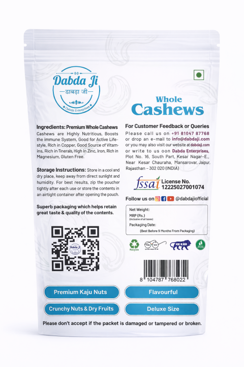 Cashews | 200g. | Dabda Ji | Super Quality & Premium Whole Cashews (Kaju)